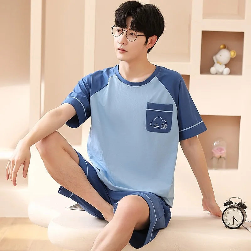 2 Pieces Set Men's Summer Cotton Pajamas Set Short Sleeping Tops Pants Sleepwear Male Casual Nightwear Pijama pyjama night cloth