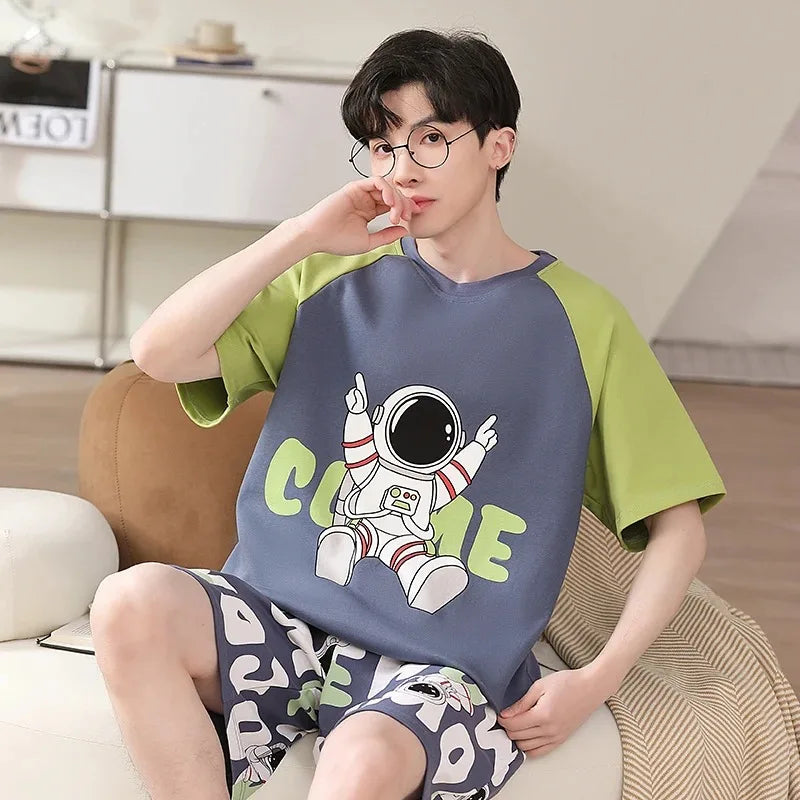 2 Pieces Set Men's Summer Cotton Pajamas Set Short Sleeping Tops Pants Sleepwear Male Casual Nightwear Pijama pyjama night cloth