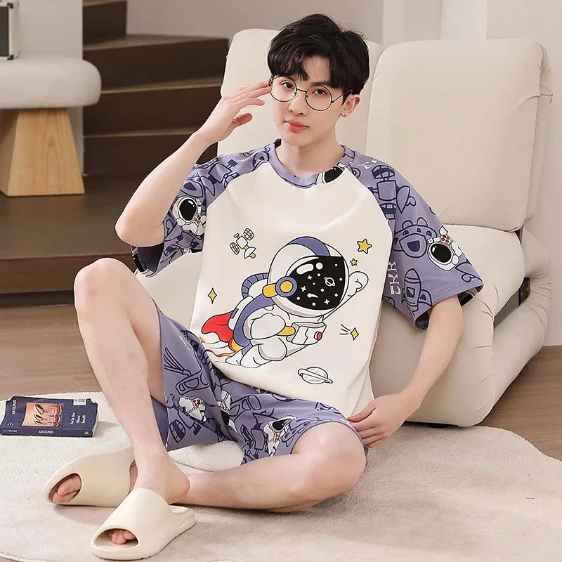 2 Pieces Set Men's Summer Cotton Pajamas Set Short Sleeping Tops Pants Sleepwear Male Casual Nightwear Pijama pyjama night cloth