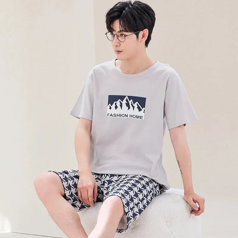 2 Pieces Set Men's Summer Cotton Pajamas Set Short Sleeping Tops Pants Sleepwear Male Casual Nightwear Pijama pyjama night cloth