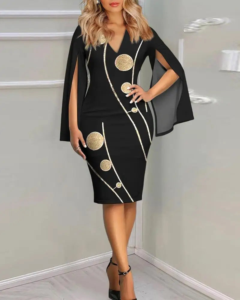 Women'S Autumn Vintage Split Fork Long Sleeve Slim Work Dresses Party Dresses for Women Fashion Elegant Printed Bodycon Dress