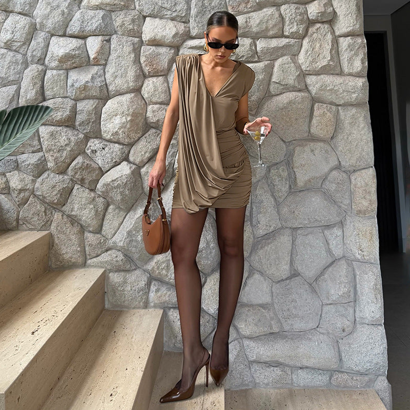 Designer Women's Sleeveless Pleated Deep V-Neck Dress