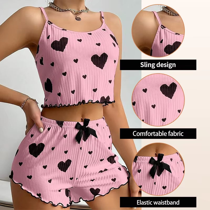 Women's 2-Piece Pajama Set - Soft and Breathable Sleepwear with Love Print, Available in S, M, L, White