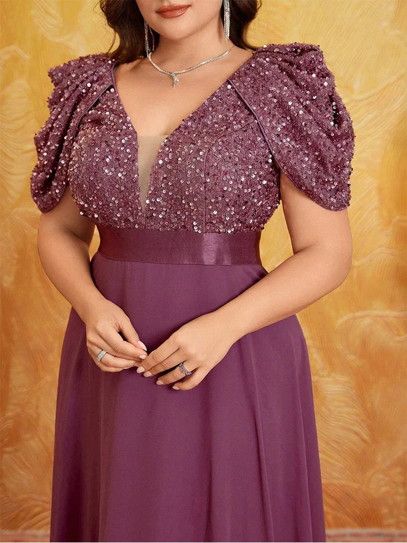 Plus Size V Neck Puff Sleeve Sparkling Evening Dress 4XL 5XL Big Size Lotus Pink Luxury Wedding Banquet Bridesmaid Prom Gown