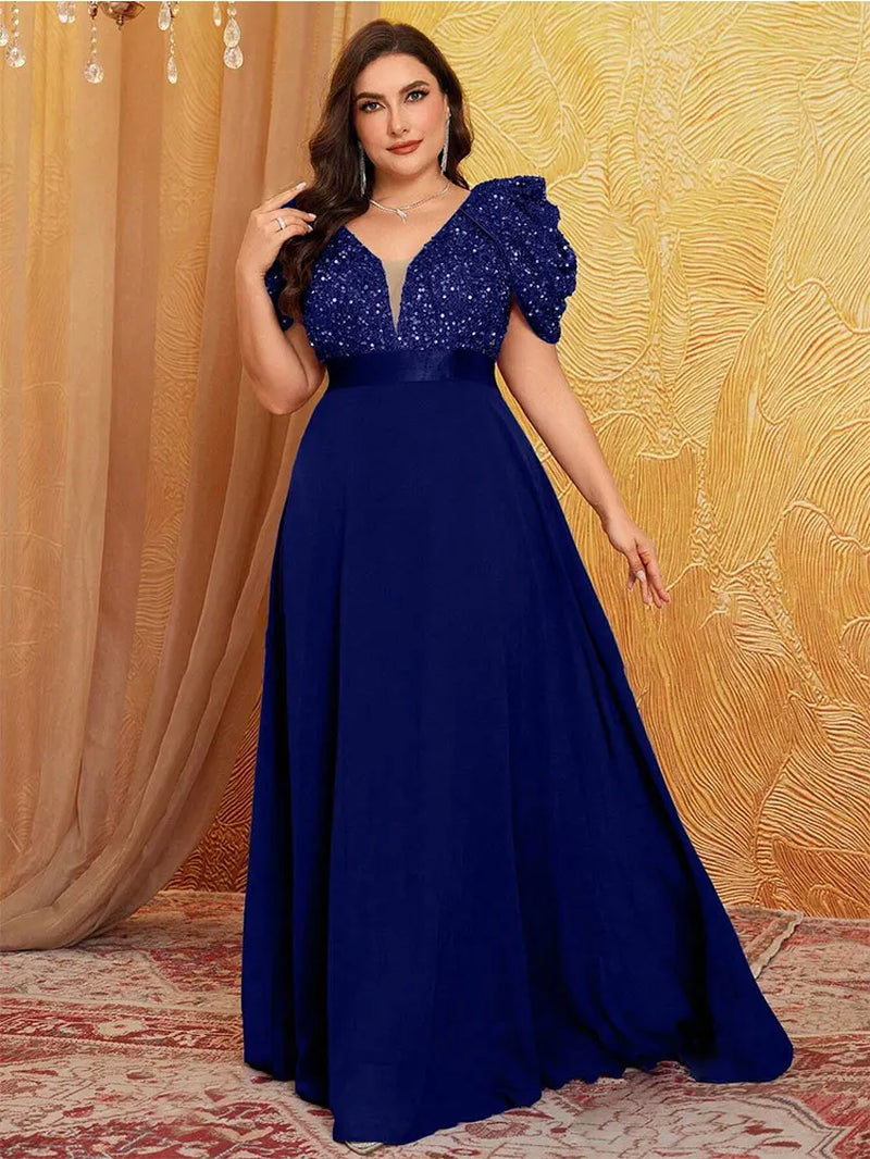 Plus Size V Neck Puff Sleeve Sparkling Evening Dress 4XL 5XL Big Size Lotus Pink Luxury Wedding Banquet Bridesmaid Prom Gown