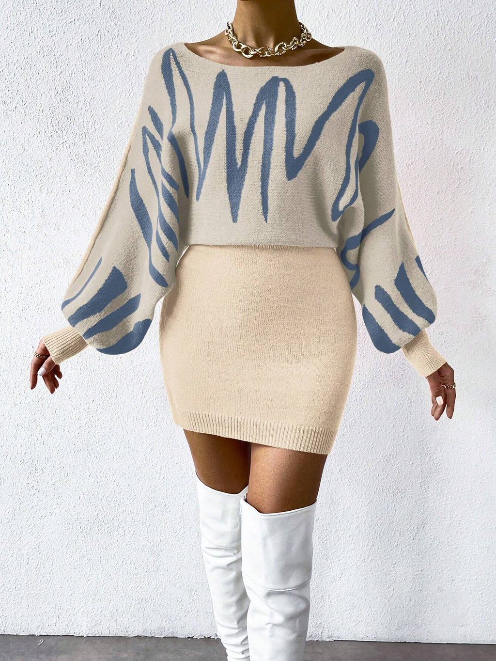 Chiquease Graphic Pattern Batwing Sleeve Sweater Dress Fall Winter Cloth for Women