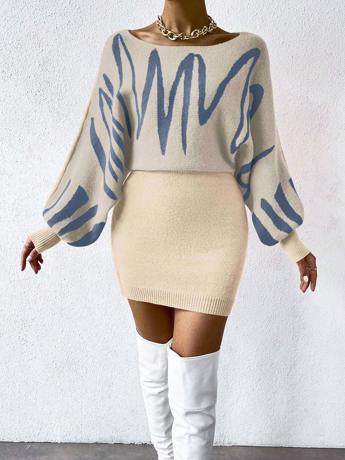 Chiquease Graphic Pattern Batwing Sleeve Sweater Dress Fall Winter Cloth for Women