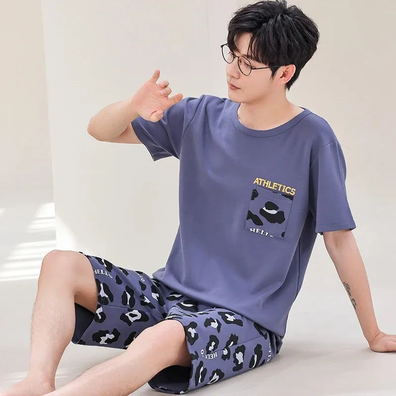 2 Pieces Set Men's Summer Cotton Pajamas Set Short Sleeping Tops Pants Sleepwear Male Casual Nightwear Pijama pyjama night cloth