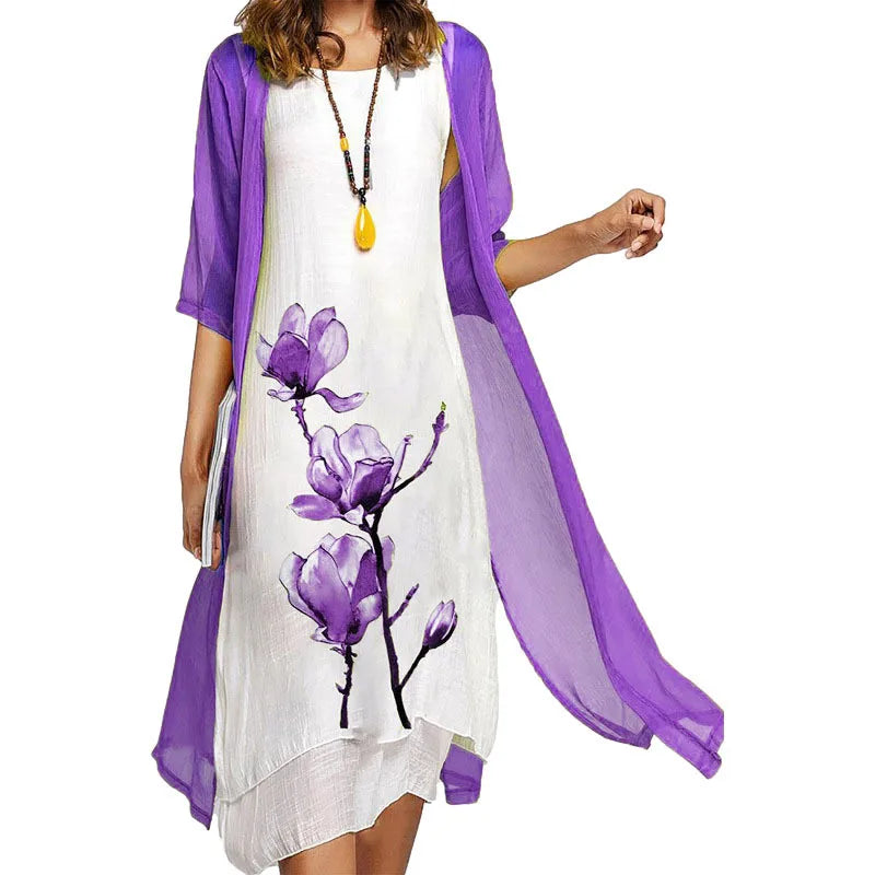 2026 New! Eu-Us Summer Women'S Casual Elegance 2 Printed Crew-Neck Loose Dress Sweater Coat Set