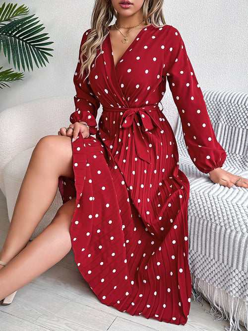 Chic Women's Color-Blocked Polka Dot Maxi Dress with Cross V-Neck and Pleated Design