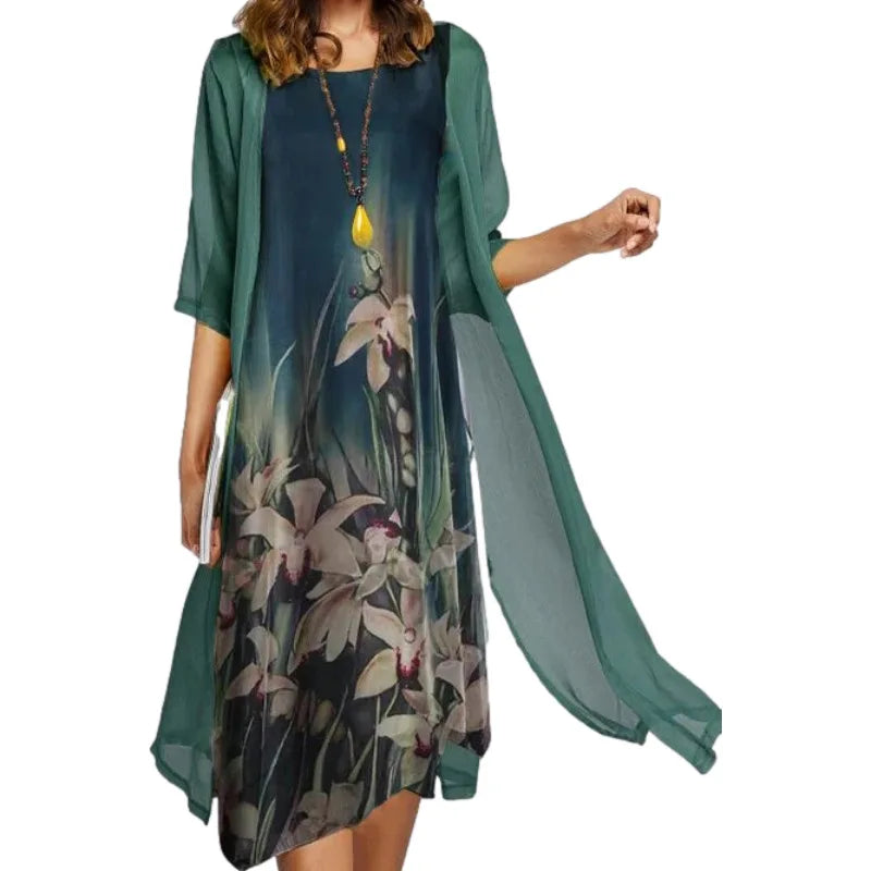 2026 New! Eu-Us Summer Women'S Casual Elegance 2 Printed Crew-Neck Loose Dress Sweater Coat Set