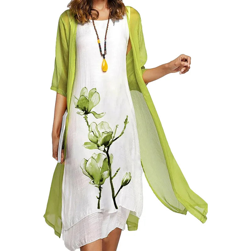 2026 New! Eu-Us Summer Women'S Casual Elegance 2 Printed Crew-Neck Loose Dress Sweater Coat Set
