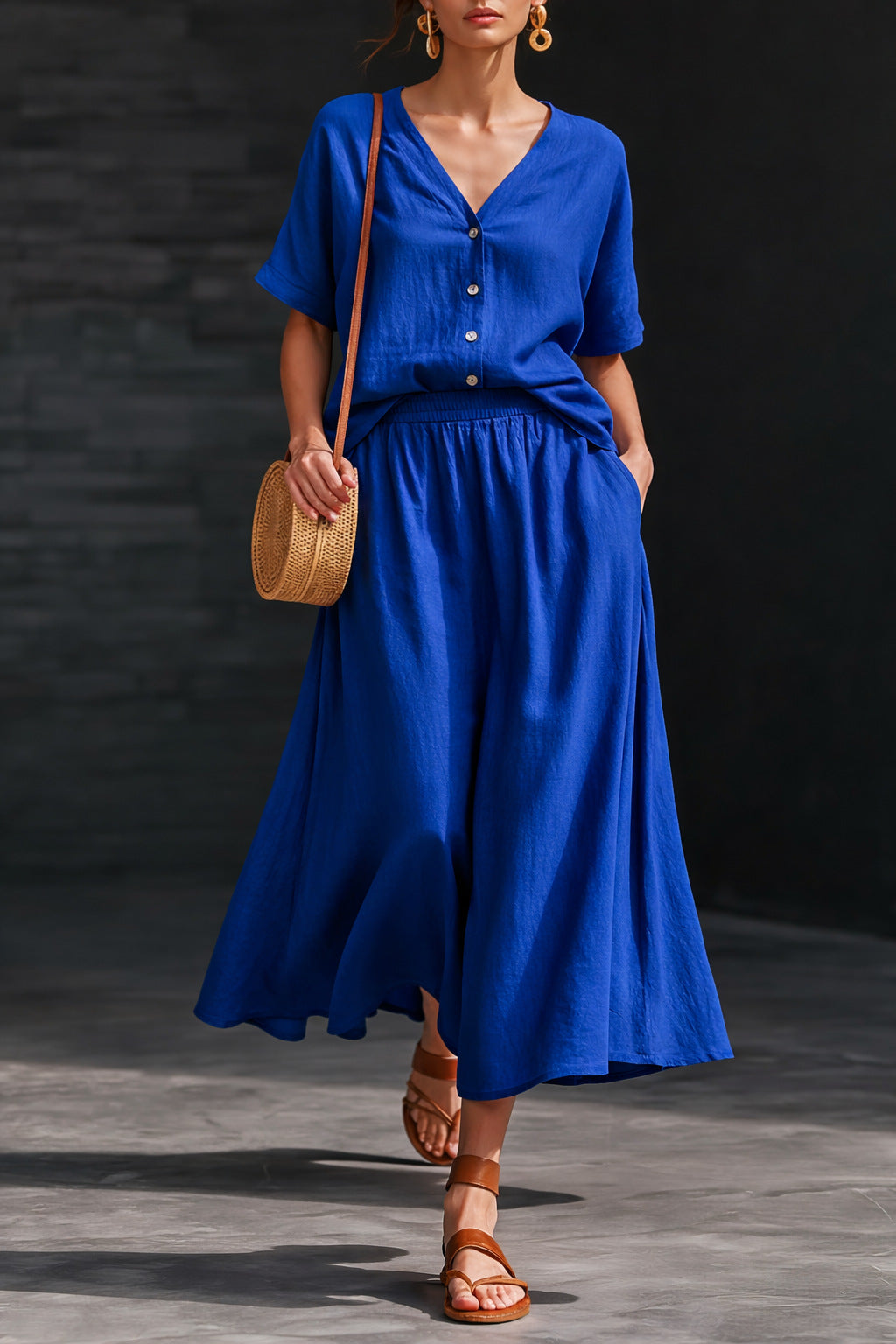 Cotton-Linen V-Neck Button-Up Short-Sleeve Top and Skirt Set