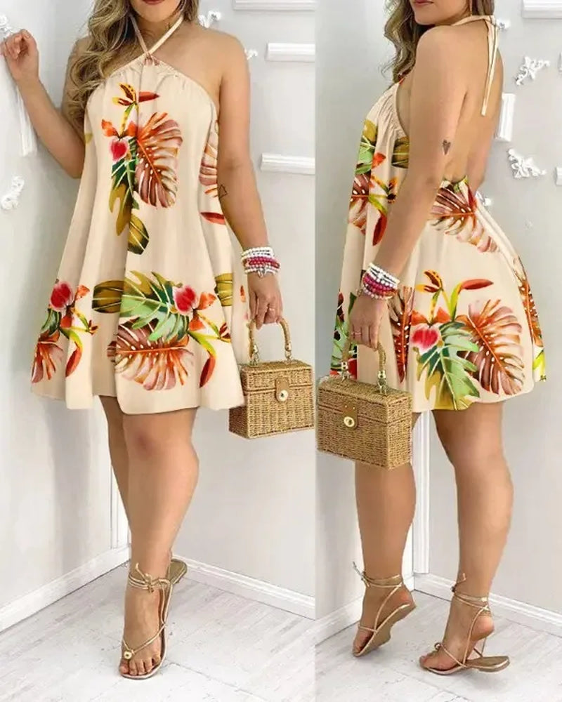 Floral Print Halter Neck Dress Boho Backless Halter Dress for Spring Summer Women'S Clothing