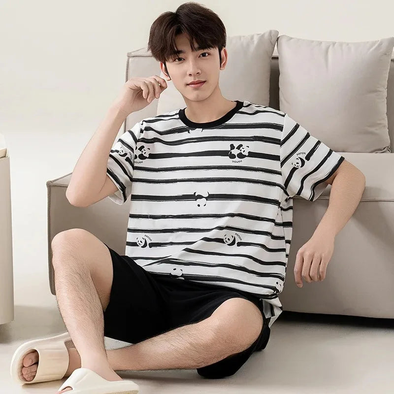 2 Pieces Set Men's Summer Cotton Pajamas Set Short Sleeping Tops Pants Sleepwear Male Casual Nightwear Pijama pyjama night cloth
