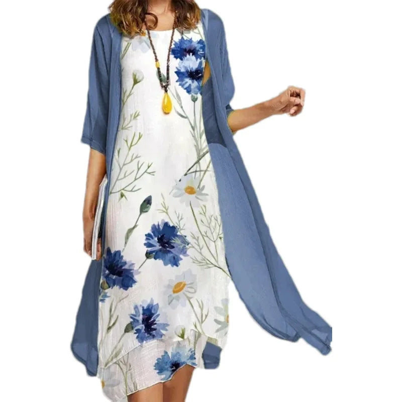 2026 New! Eu-Us Summer Women'S Casual Elegance 2 Printed Crew-Neck Loose Dress Sweater Coat Set