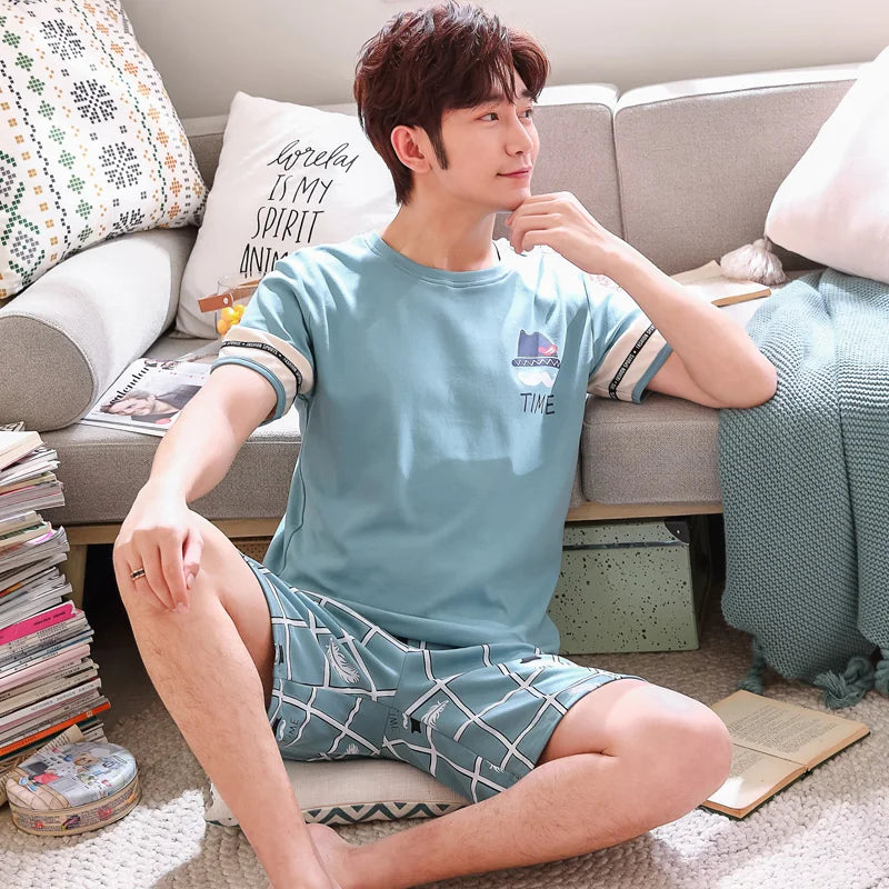 2 Pieces Set Men's Summer Cotton Pajamas Set Short Sleeping Tops Pants Sleepwear Male Casual Nightwear Pijama pyjama night cloth