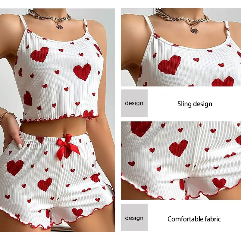 Women's 2-Piece Pajama Set - Soft and Breathable Sleepwear with Love Print, Available in S, M, L, White