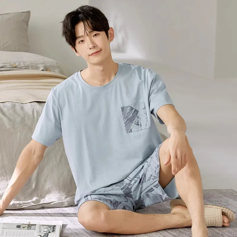 2 Pieces Set Men's Summer Cotton Pajamas Set Short Sleeping Tops Pants Sleepwear Male Casual Nightwear Pijama pyjama night cloth