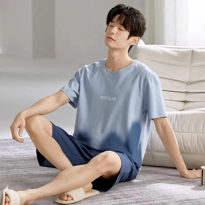 2 Pieces Set Men's Summer Cotton Pajamas Set Short Sleeping Tops Pants Sleepwear Male Casual Nightwear Pijama pyjama night cloth