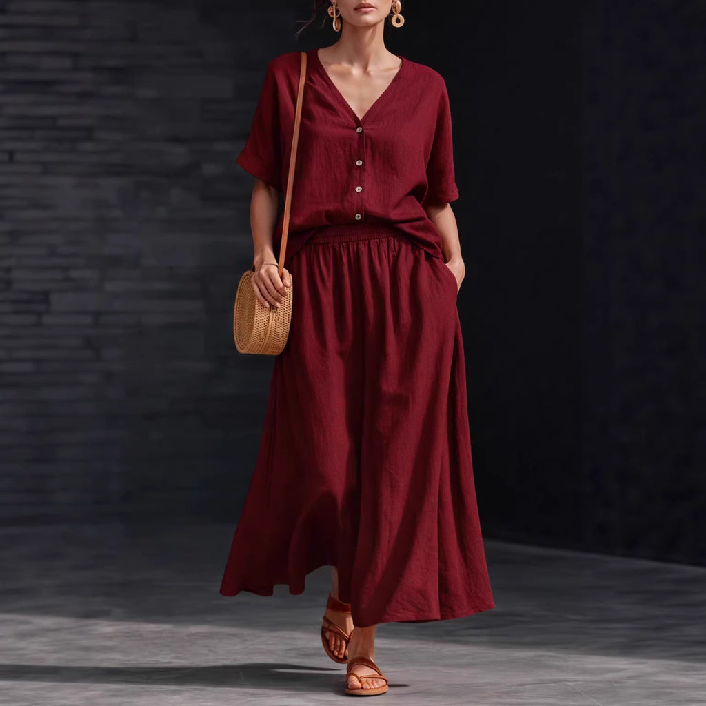 Cotton-Linen V-Neck Button-Up Short-Sleeve Top and Skirt Set