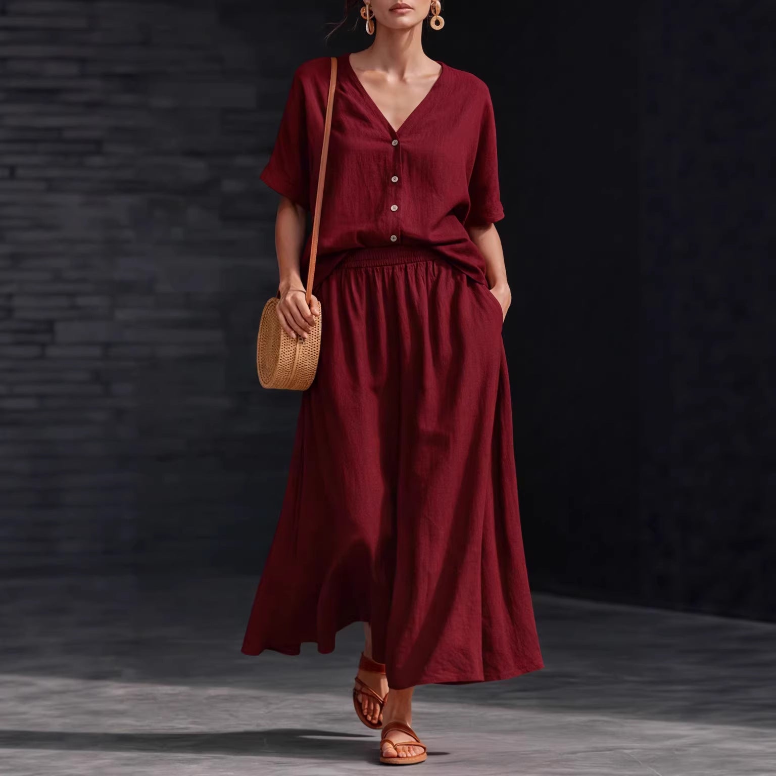 Cotton-Linen V-Neck Button-Up Short-Sleeve Top and Skirt Set