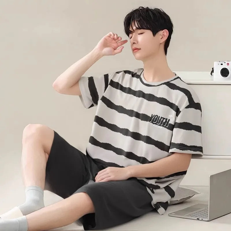 2 Pieces Set Men's Summer Cotton Pajamas Set Short Sleeping Tops Pants Sleepwear Male Casual Nightwear Pijama pyjama night cloth