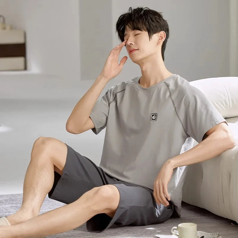 2 Pieces Set Men's Summer Cotton Pajamas Set Short Sleeping Tops Pants Sleepwear Male Casual Nightwear Pijama pyjama night cloth