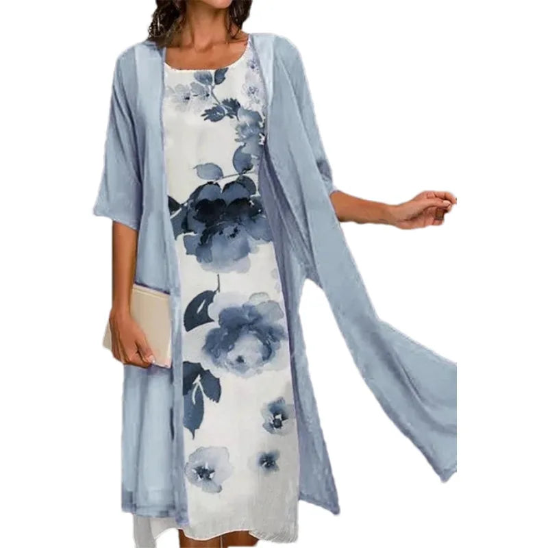 2026 New! Eu-Us Summer Women'S Casual Elegance 2 Printed Crew-Neck Loose Dress Sweater Coat Set