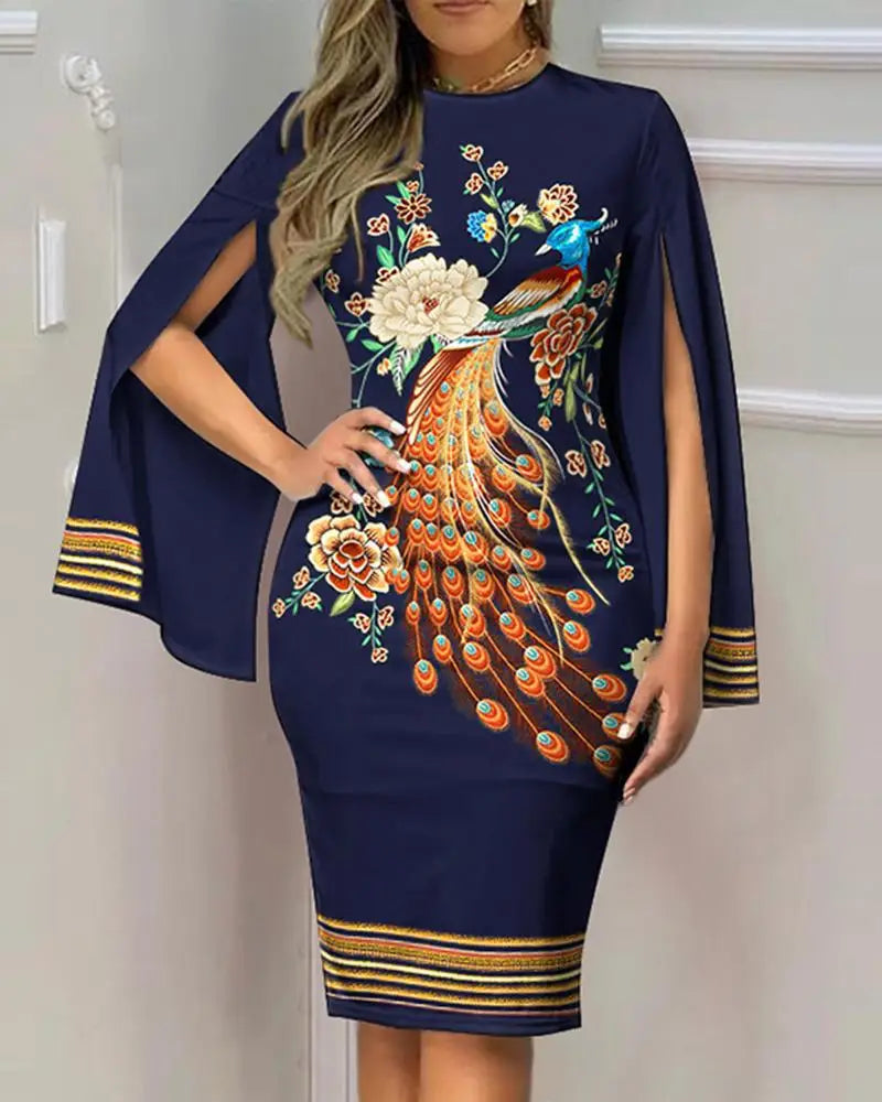 Women'S Autumn Vintage Split Fork Long Sleeve Slim Work Dresses Party Dresses for Women Fashion Elegant Printed Bodycon Dress