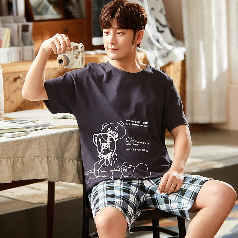 2 Pieces Set Men's Summer Cotton Pajamas Set Short Sleeping Tops Pants Sleepwear Male Casual Nightwear Pijama pyjama night cloth