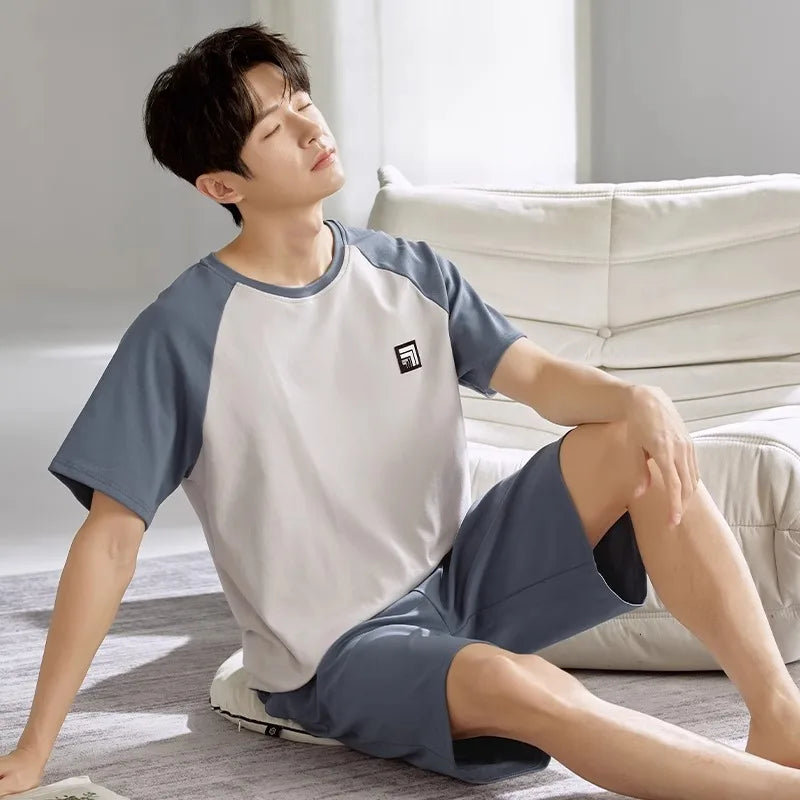 2 Pieces Set Men's Summer Cotton Pajamas Set Short Sleeping Tops Pants Sleepwear Male Casual Nightwear Pijama pyjama night cloth