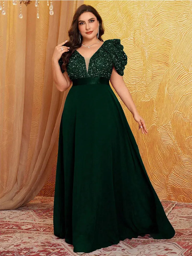 Plus Size V Neck Puff Sleeve Sparkling Evening Dress 4XL 5XL Big Size Lotus Pink Luxury Wedding Banquet Bridesmaid Prom Gown