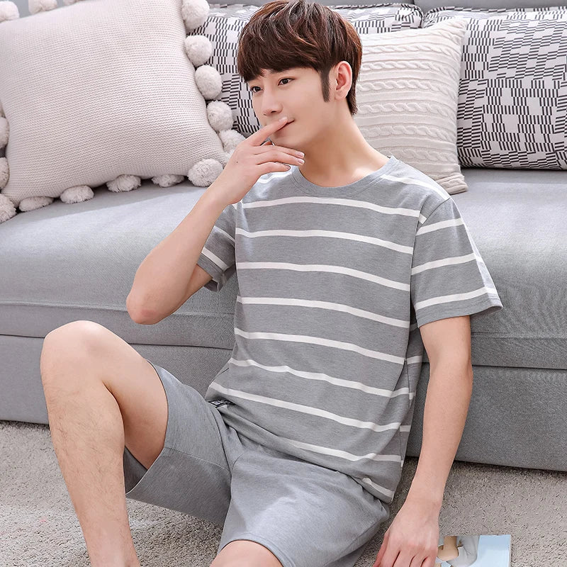 2 Pieces Set Men's Summer Cotton Pajamas Set Short Sleeping Tops Pants Sleepwear Male Casual Nightwear Pijama pyjama night cloth