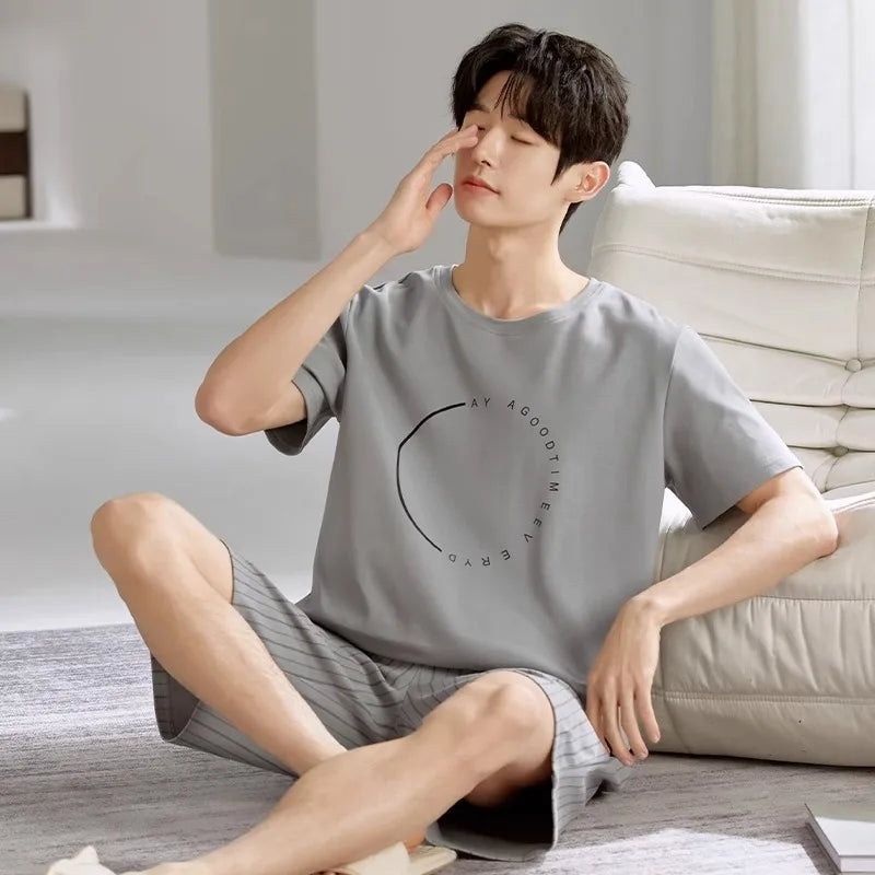 2 Pieces Set Men's Summer Cotton Pajamas Set Short Sleeping Tops Pants Sleepwear Male Casual Nightwear Pijama pyjama night cloth