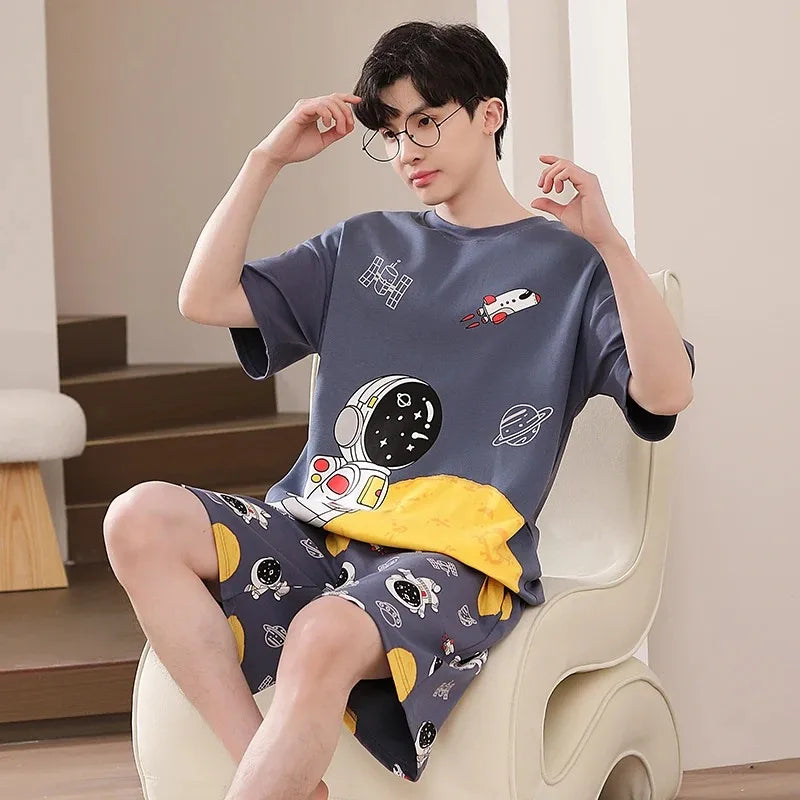2 Pieces Set Men's Summer Cotton Pajamas Set Short Sleeping Tops Pants Sleepwear Male Casual Nightwear Pijama pyjama night cloth
