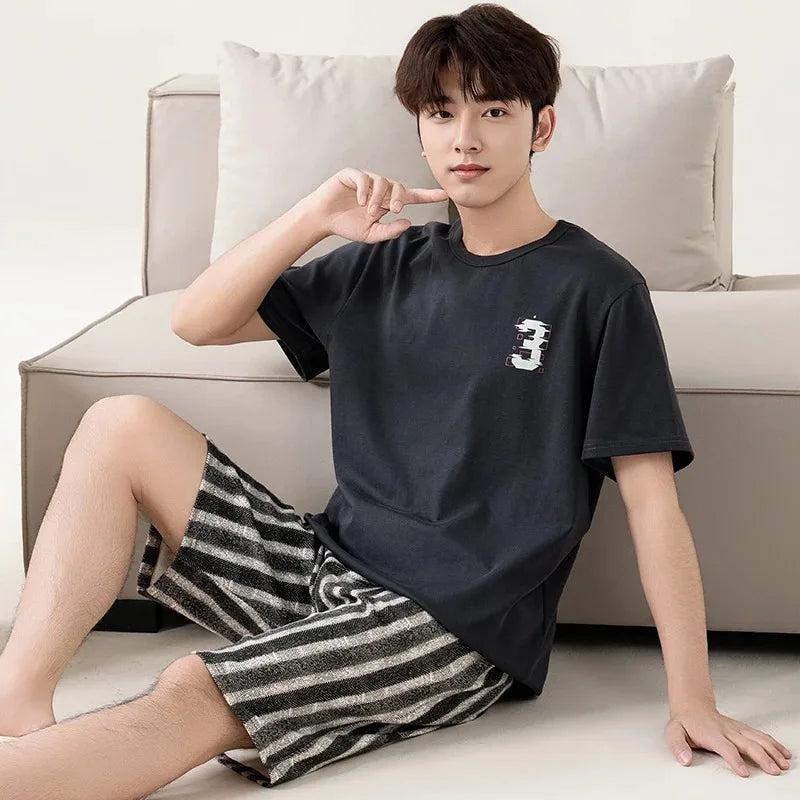 2 Pieces Set Men's Summer Cotton Pajamas Set Short Sleeping Tops Pants Sleepwear Male Casual Nightwear Pijama pyjama night cloth