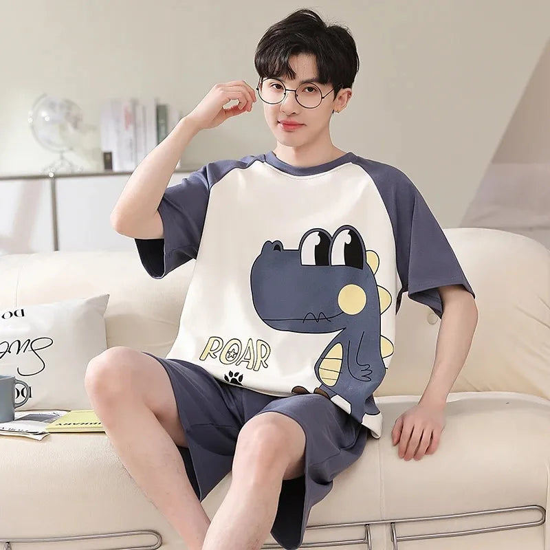 2 Pieces Set Men's Summer Cotton Pajamas Set Short Sleeping Tops Pants Sleepwear Male Casual Nightwear Pijama pyjama night cloth