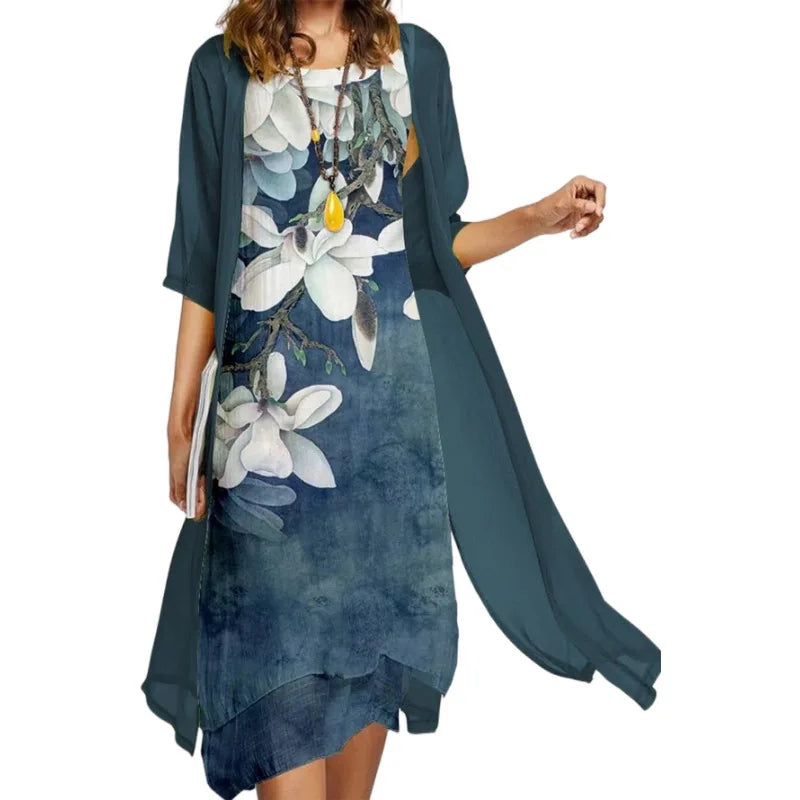 2026 New! Eu-Us Summer Women'S Casual Elegance 2 Printed Crew-Neck Loose Dress Sweater Coat Set