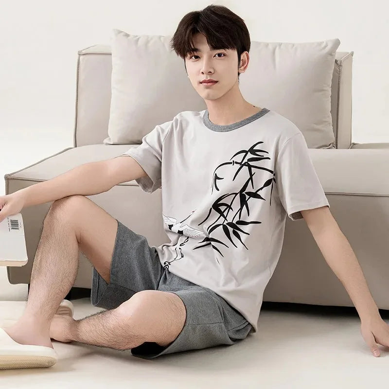 2 Pieces Set Men's Summer Cotton Pajamas Set Short Sleeping Tops Pants Sleepwear Male Casual Nightwear Pijama pyjama night cloth
