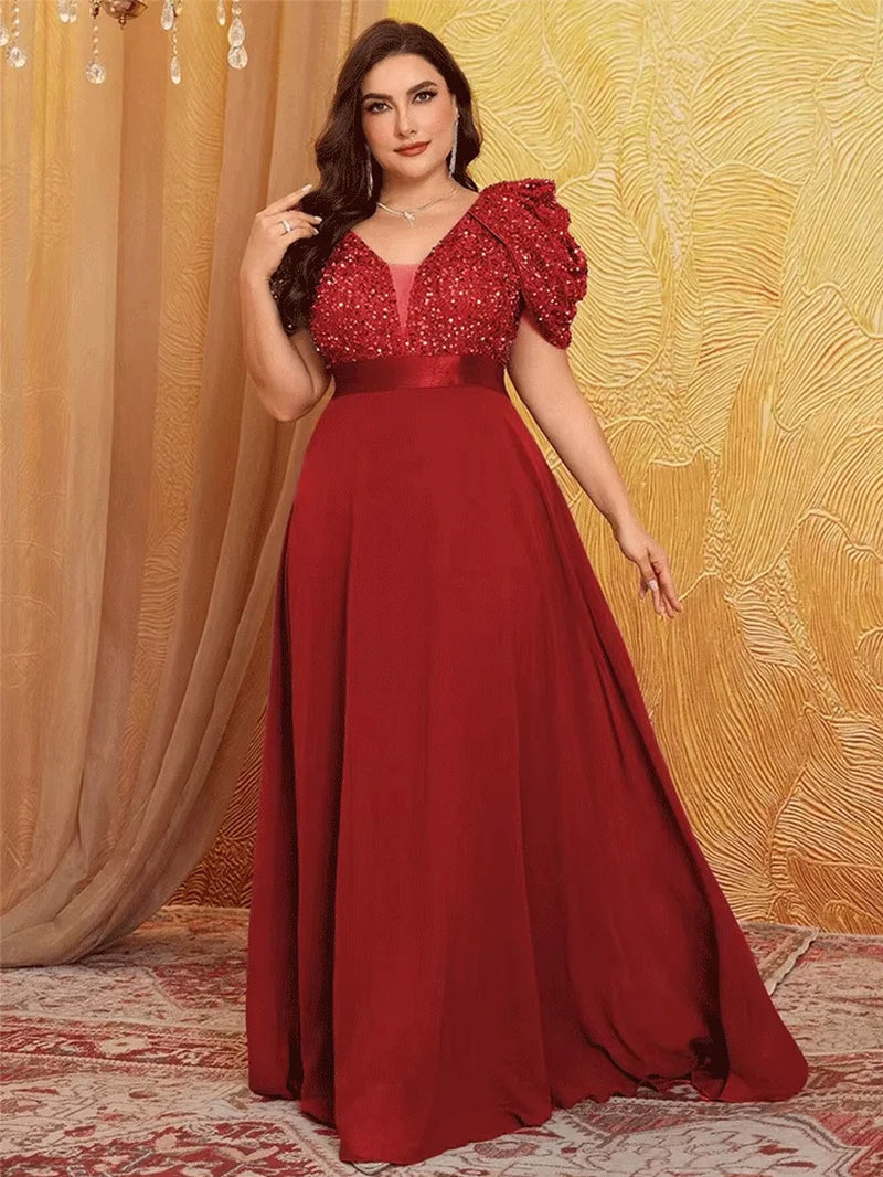Plus Size V Neck Puff Sleeve Sparkling Evening Dress 4XL 5XL Big Size Lotus Pink Luxury Wedding Banquet Bridesmaid Prom Gown