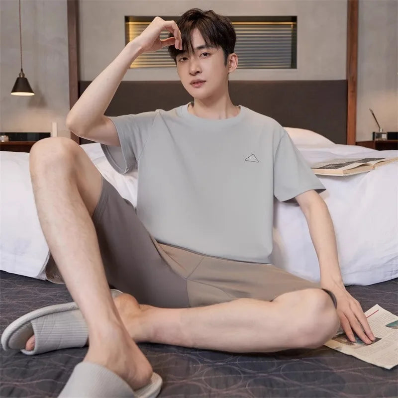 2 Pieces Set Men's Summer Cotton Pajamas Set Short Sleeping Tops Pants Sleepwear Male Casual Nightwear Pijama pyjama night cloth