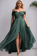 Plus Size Emerald Green off Shoulder Maxi Dress Sweetheart Neck Ruched Bodice High Slit Chiffon Bridesmaid Evening Gown