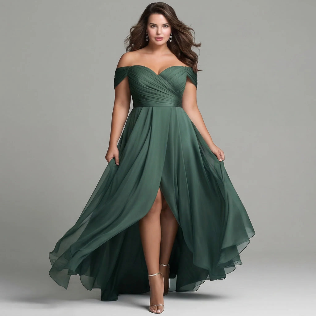 Plus Size Emerald Green off Shoulder Maxi Dress Sweetheart Neck Ruched Bodice High Slit Chiffon Bridesmaid Evening Gown