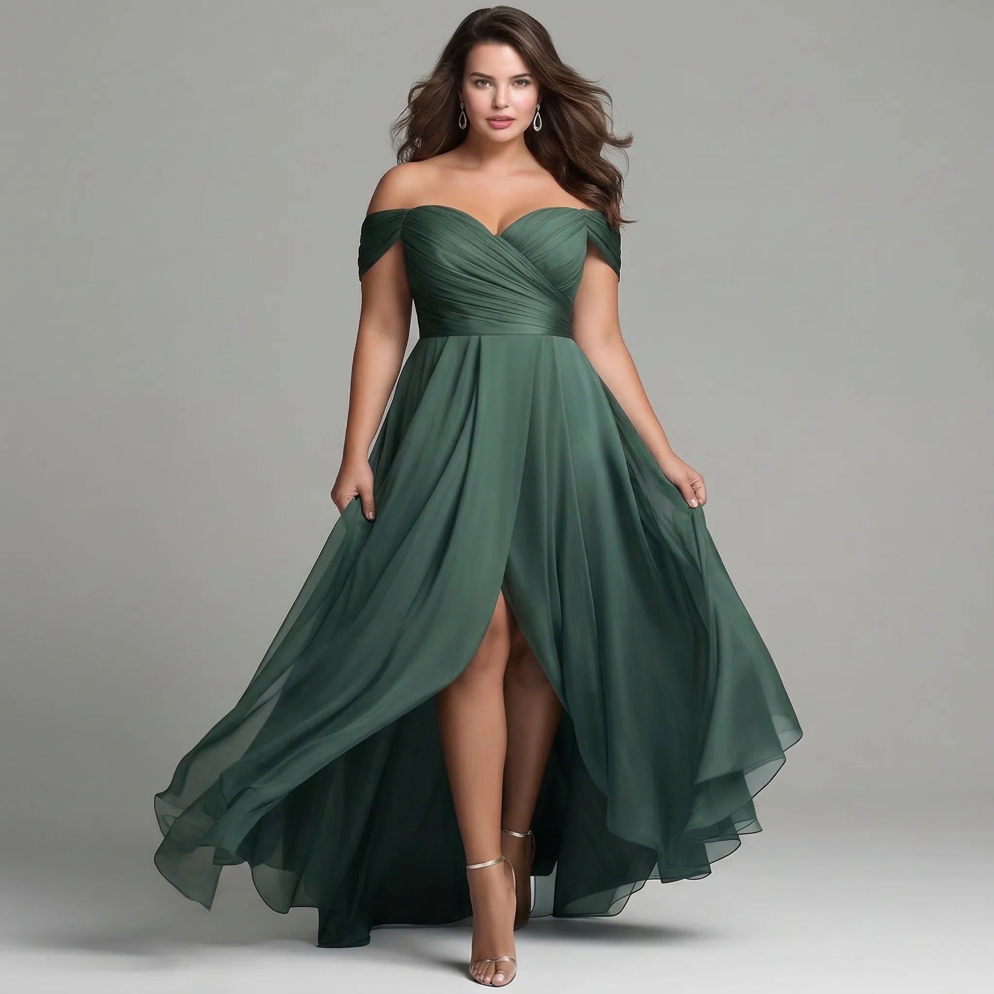 Plus Size Emerald Green off Shoulder Maxi Dress Sweetheart Neck Ruched Bodice High Slit Chiffon Bridesmaid Evening Gown