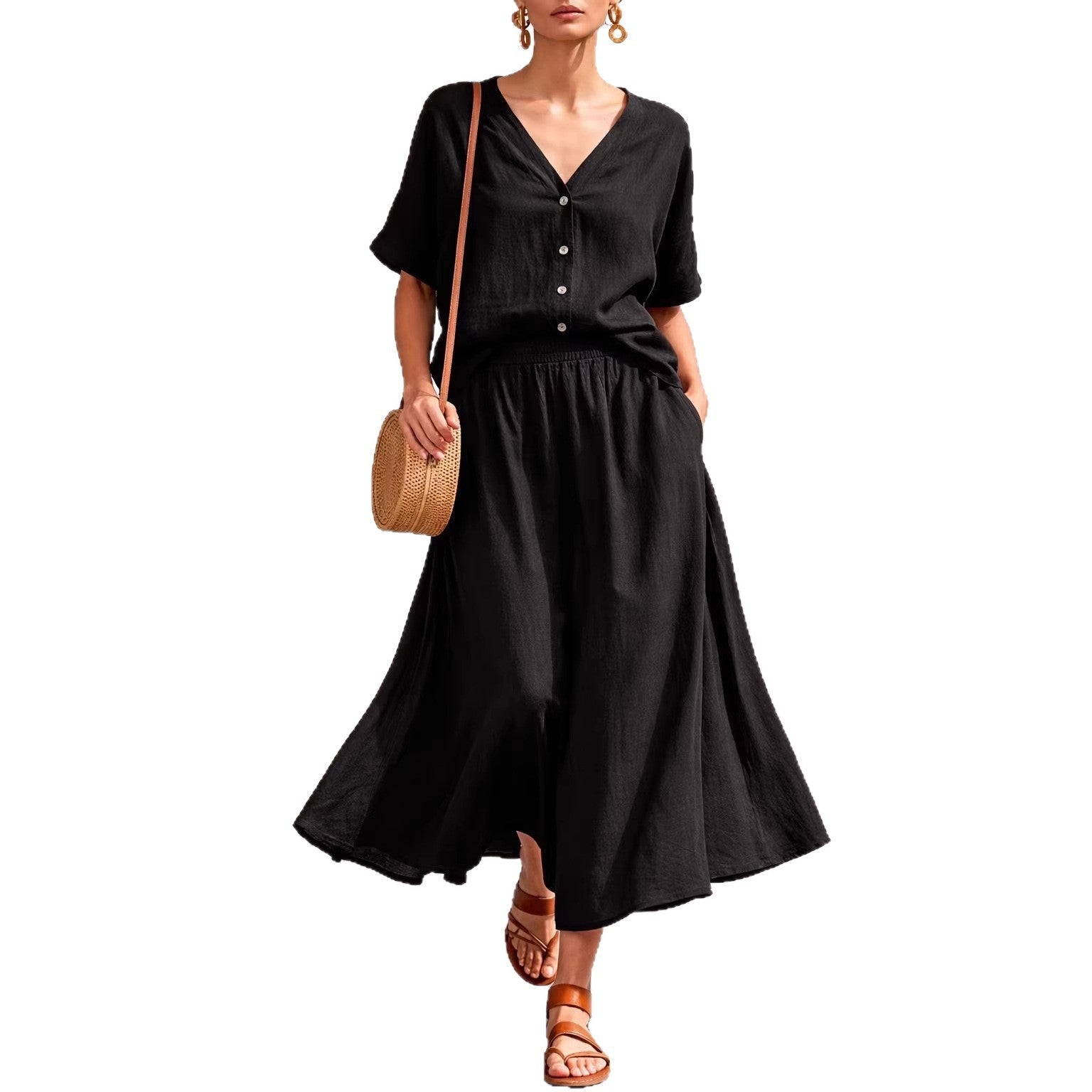 Cotton-Linen V-Neck Button-Up Short-Sleeve Top and Skirt Set