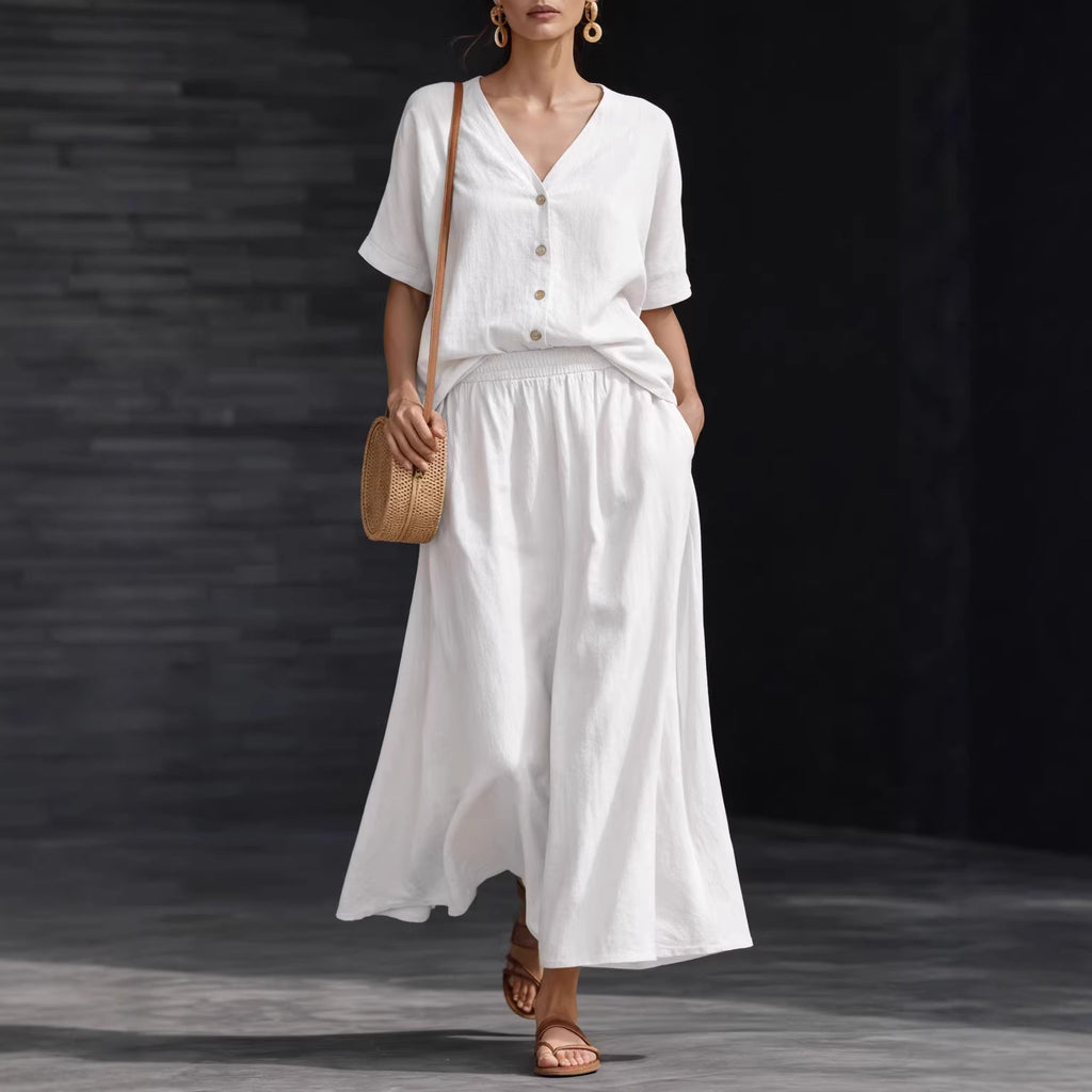 Cotton-Linen V-Neck Button-Up Short-Sleeve Top and Skirt Set
