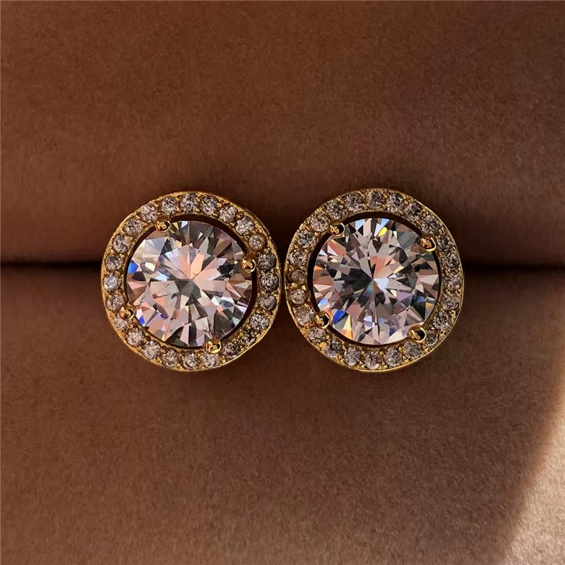 Female Luxury Crystal round Stud Earrings Vintage Silver Color Wedding Jewelry White Zircon Stone Earrings for Women