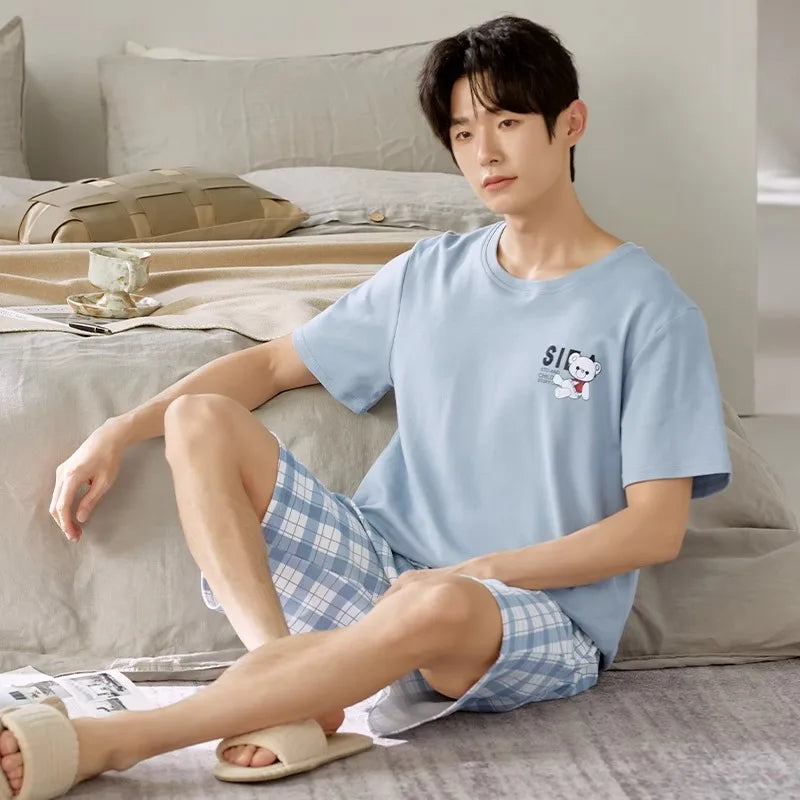 2 Pieces Set Men's Summer Cotton Pajamas Set Short Sleeping Tops Pants Sleepwear Male Casual Nightwear Pijama pyjama night cloth