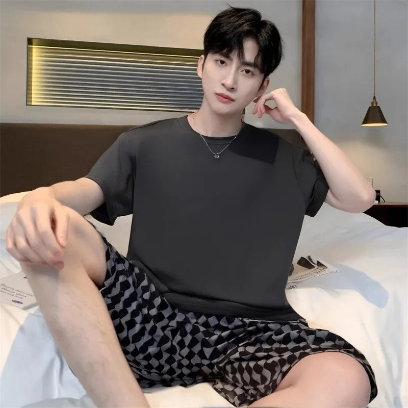 2 Pieces Set Men's Summer Cotton Pajamas Set Short Sleeping Tops Pants Sleepwear Male Casual Nightwear Pijama pyjama night cloth